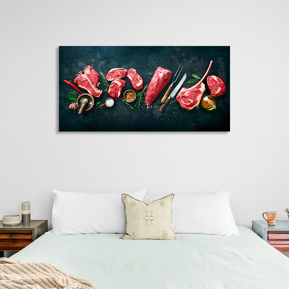 Beef meat on a black background with spices Canvas Wall Art Print For Kitchen