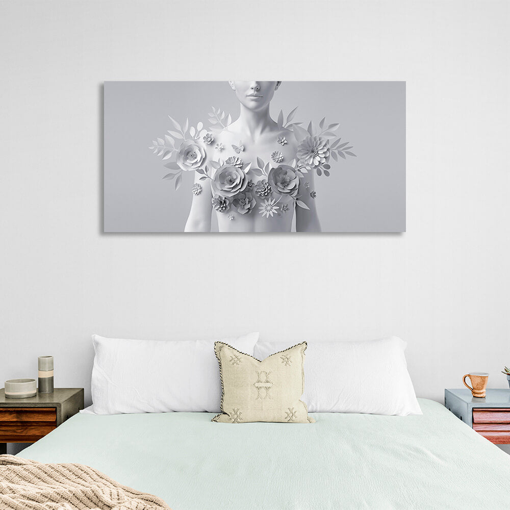 Woman on gray background with flowers Canvas Wall Art Print