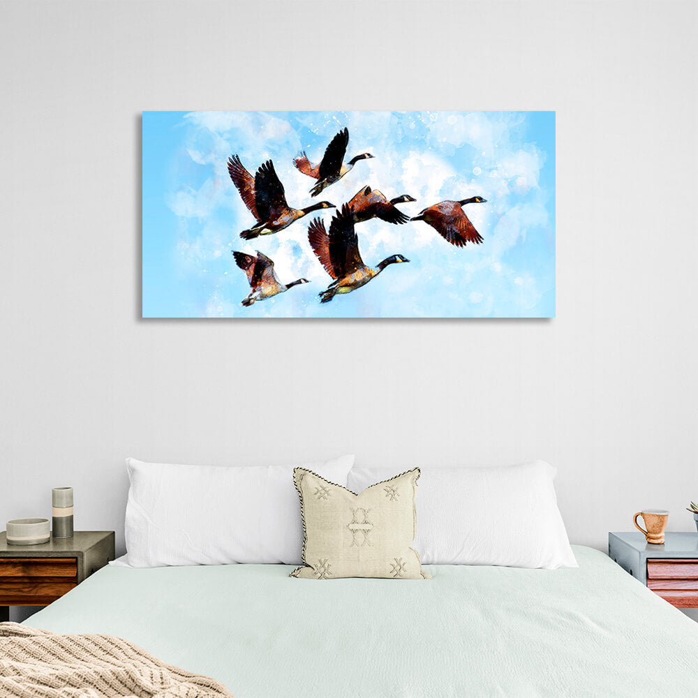 Stork family of 6 birds in the sky Canvas Wall Art Print