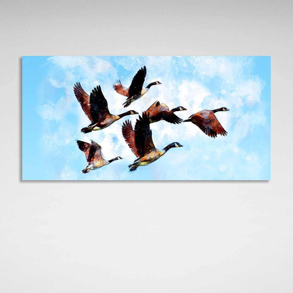 Stork family of 6 birds in the sky Canvas Wall Art Print