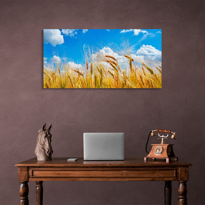 Spikes of wheat on the background of blue sky with clouds Canvas Wall Art Print