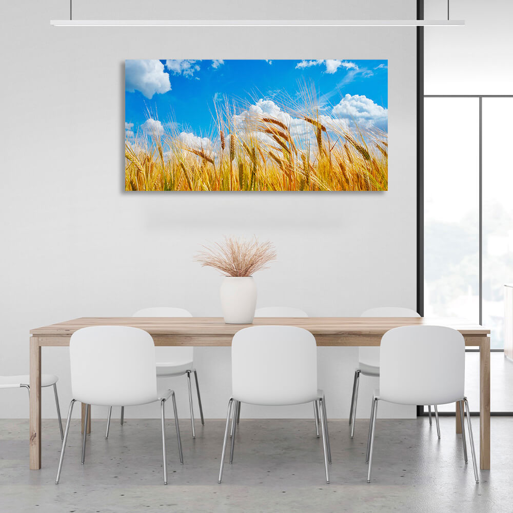 Spikes of wheat on the background of blue sky with clouds Canvas Wall Art Print