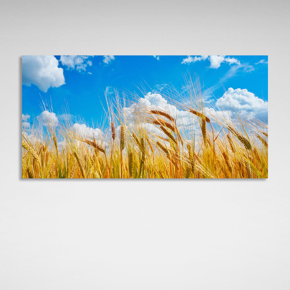 Spikes of wheat on the background of blue sky with clouds Canvas Wall Art Print