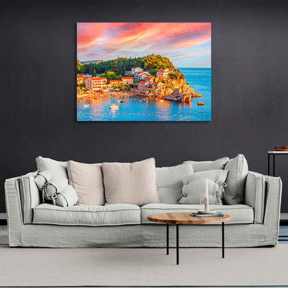 The blue sea around a small town near a cliff Canvas Wall Art Print