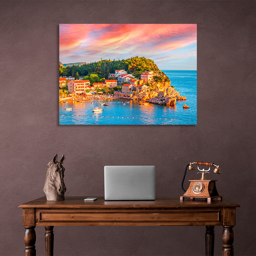 The blue sea around a small town near a cliff Canvas Wall Art Print