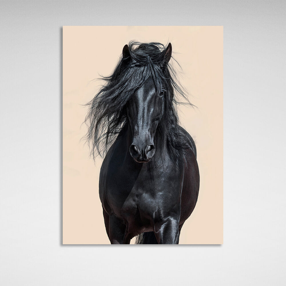 Black horse on beige background Canvas Wall Art Print