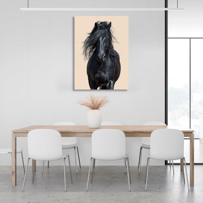 Black horse on beige background Canvas Wall Art Print