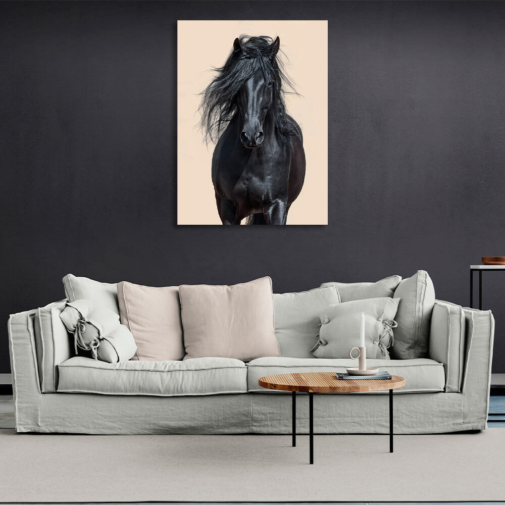 Black horse on beige background Canvas Wall Art Print