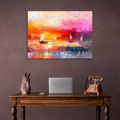 Abstraction of ships at sea in bright colors Canvas Wall Art Print