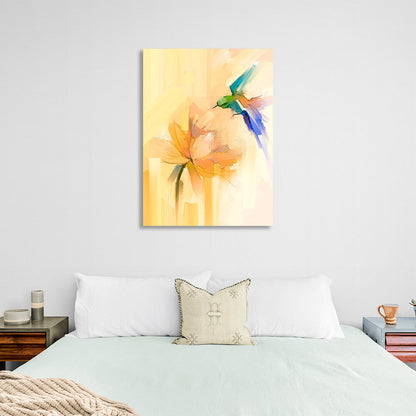 A hummingbird over a flower in light colors Canvas Wall Art Print