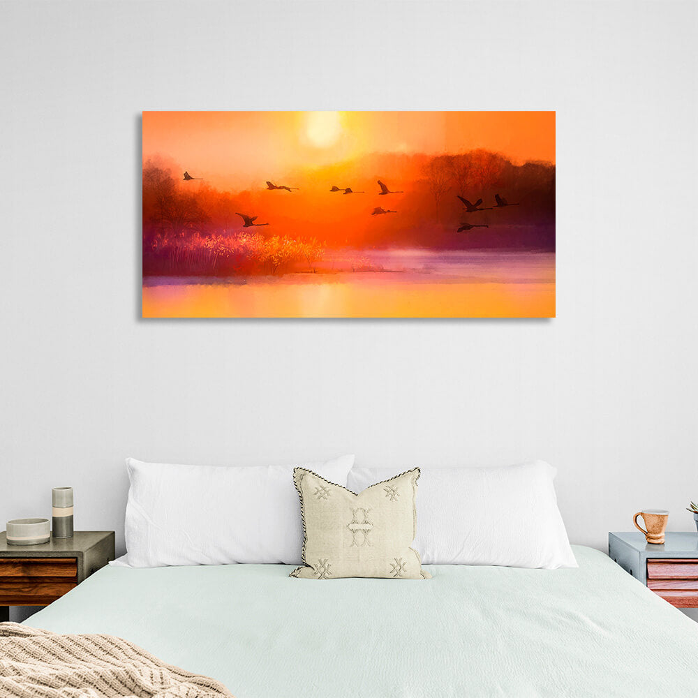 Storks in the sky at sunset Canvas Wall Art Print