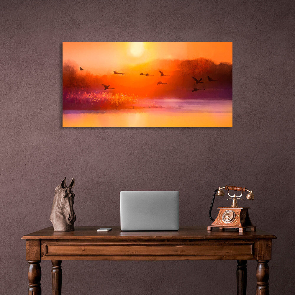 Storks in the sky at sunset Canvas Wall Art Print