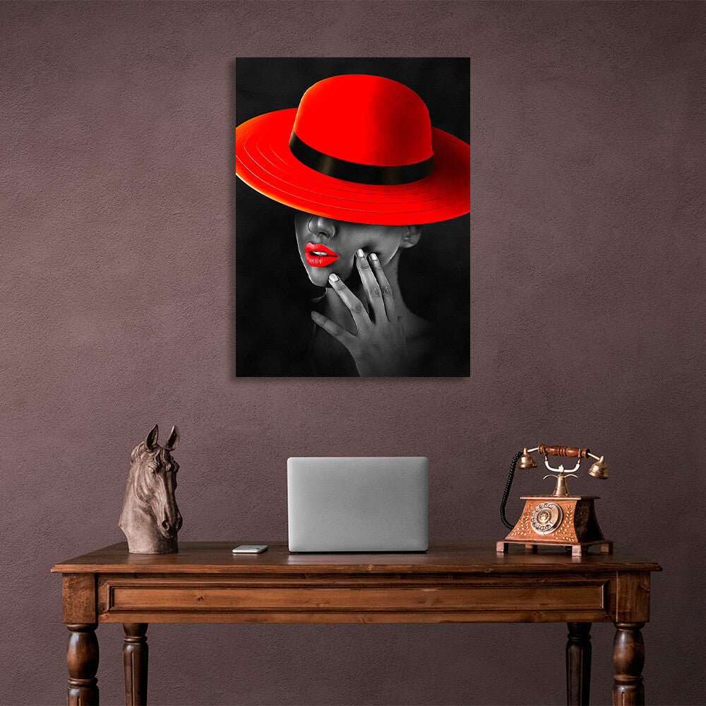 A woman with red lips and a red panama Canvas Wall Art Print