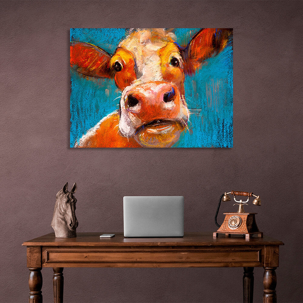 Surprised cow on a blue background Canvas Wall Art Print