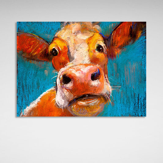 Surprised cow on a blue background Canvas Wall Art Print