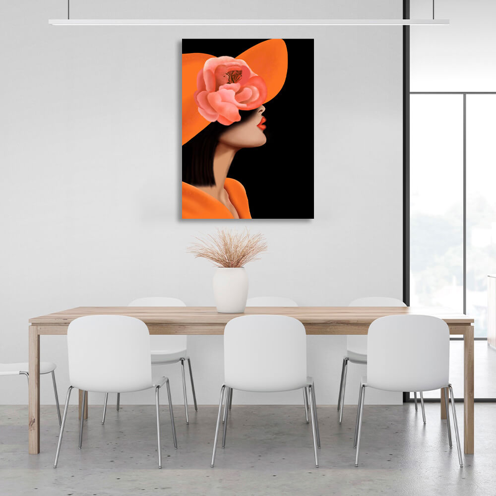 A woman with an orange lip curl and a flowered panama Canvas Wall Art Print