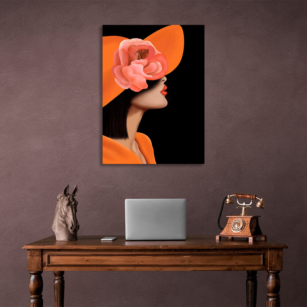 A woman with an orange lip curl and a flowered panama Canvas Wall Art Print