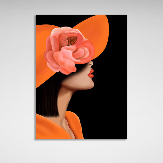 A woman with an orange lip curl and a flowered panama Canvas Wall Art Print