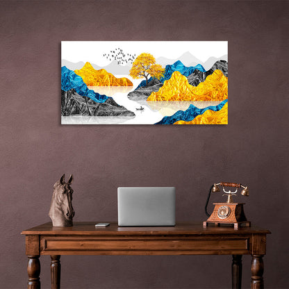 Rocks with a small tree and a small boat in the sea in blue yellow and black colors Canvas Wall Art Print