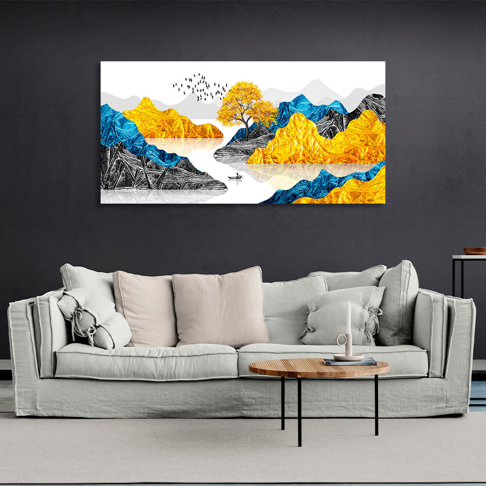 Rocks with a small tree and a small boat in the sea in blue yellow and black colors Canvas Wall Art Print