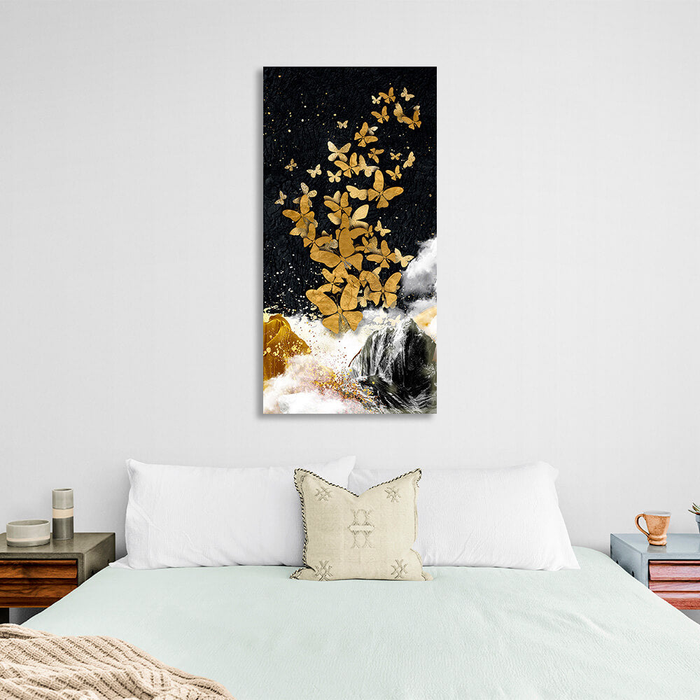 Golden butterflies rock and white fog on black background Abstraction Canvas Wall Art Print