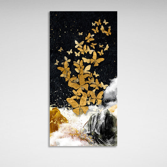 Golden butterflies rock and white fog on black background Abstraction Canvas Wall Art Print