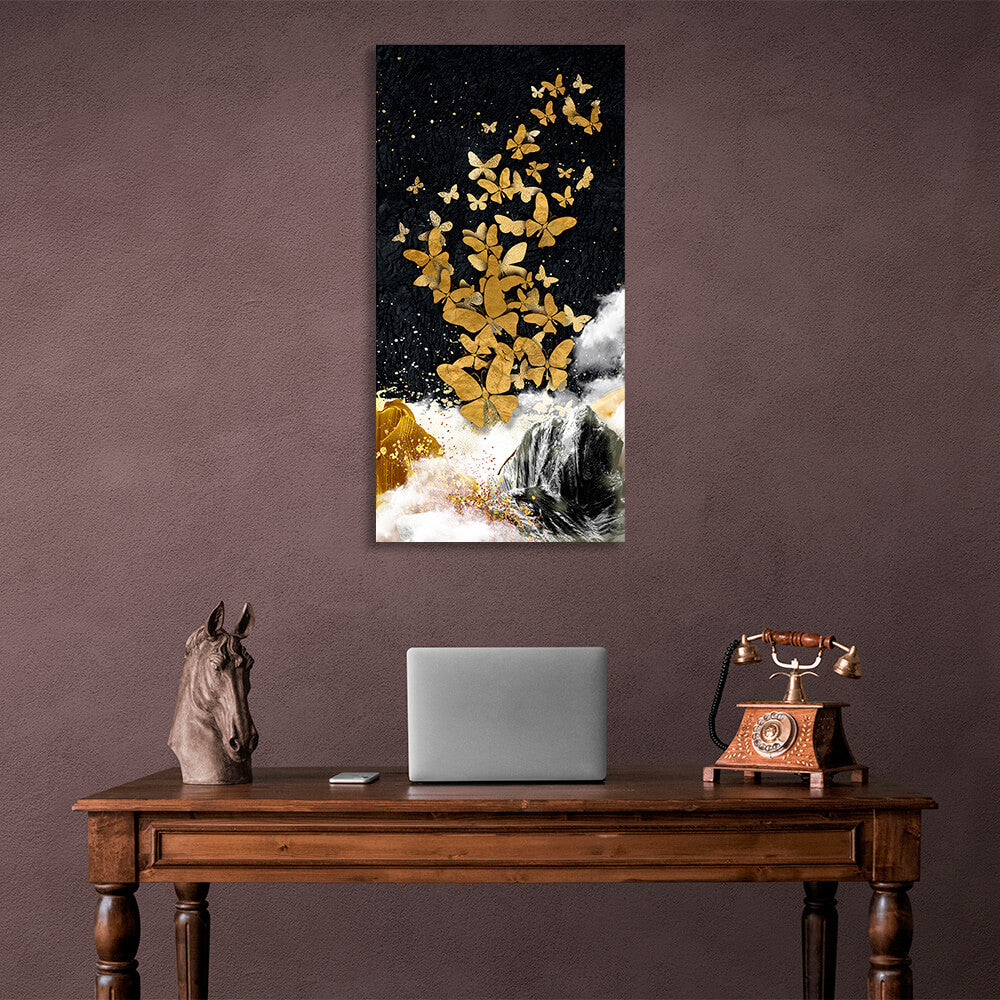 Golden butterflies rock and white fog on black background Abstraction Canvas Wall Art Print