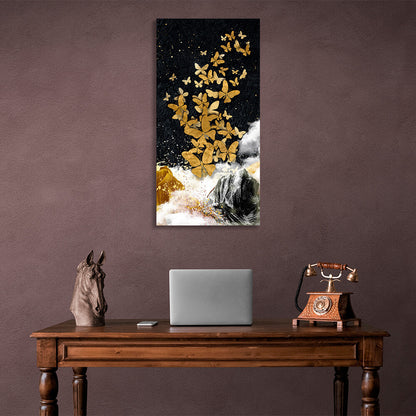 Golden butterflies rock and white fog on black background Abstraction Canvas Wall Art Print