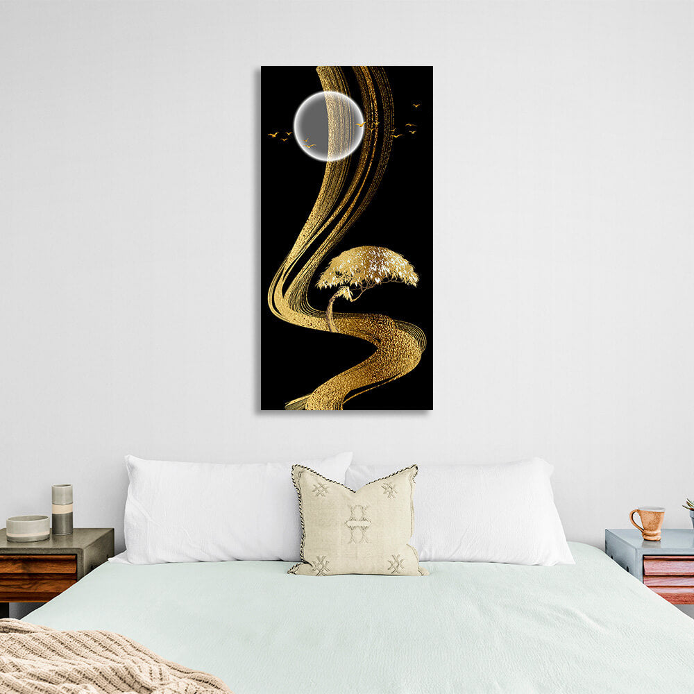 Golden lines golden tree on the background of the moon Abstraction Canvas Wall Art Print