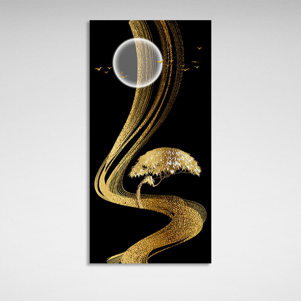 Golden lines golden tree on the background of the moon Abstraction Canvas Wall Art Print