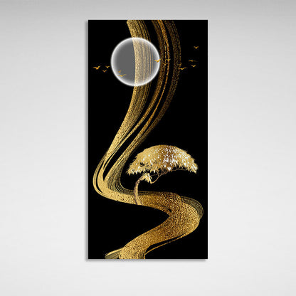 Golden lines golden tree on the background of the moon Abstraction Canvas Wall Art Print