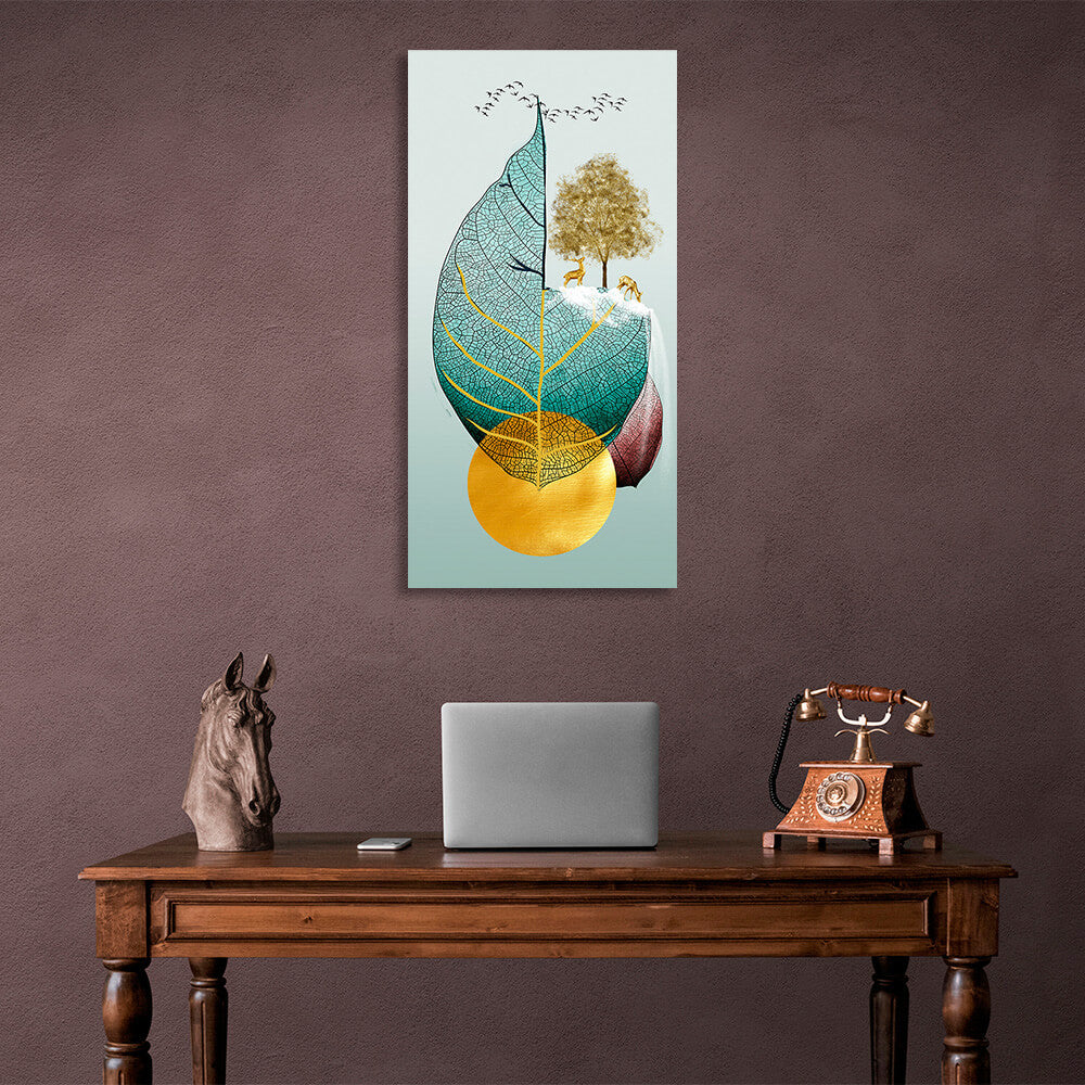 Leaf two deer tree and birds  Abstraction Canvas Wall Art Print