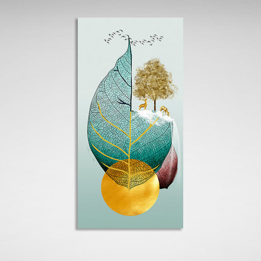 Leaf two deer tree and birds  Abstraction Canvas Wall Art Print