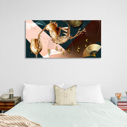 Golden glass, fan and golden birds Abstraction Canvas Wall Art Print