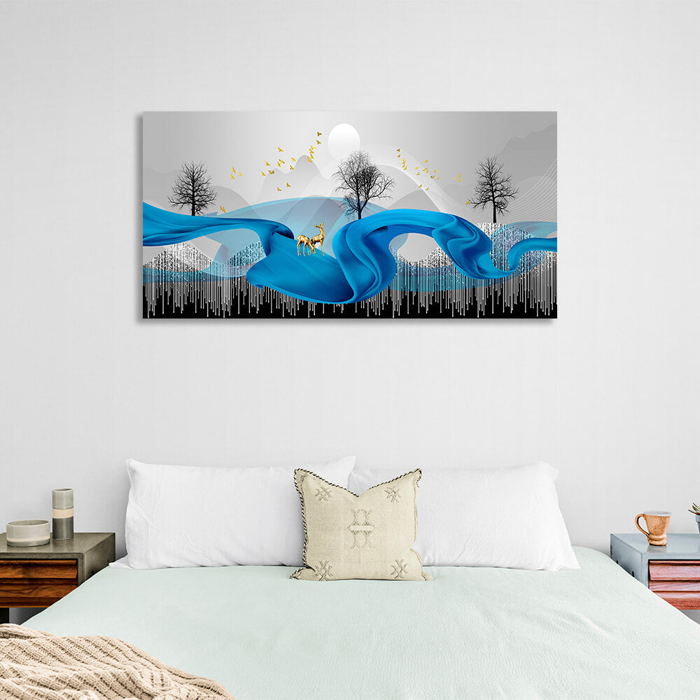 Two gold deer on a blue plume. Abstraction Canvas Wall Art Print