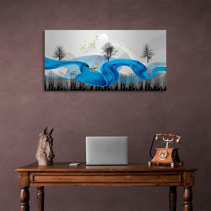 Two gold deer on a blue plume. Abstraction Canvas Wall Art Print