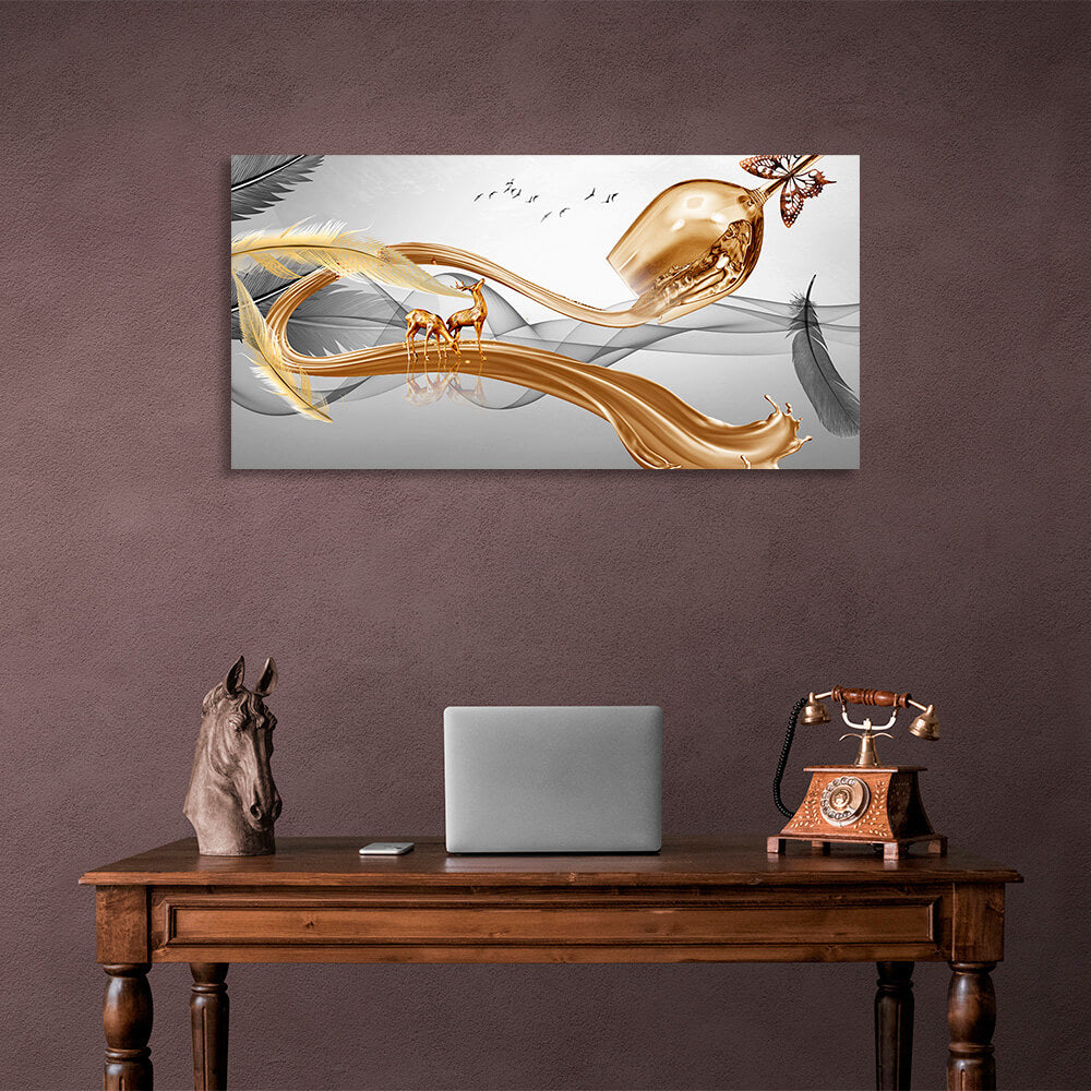 Gold glass gray feathers and two gold deer Abstraction Canvas Wall Art Print