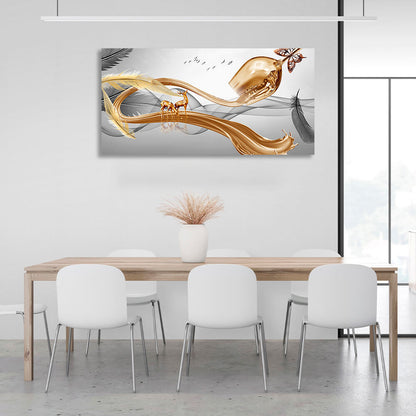 Gold glass gray feathers and two gold deer Abstraction Canvas Wall Art Print