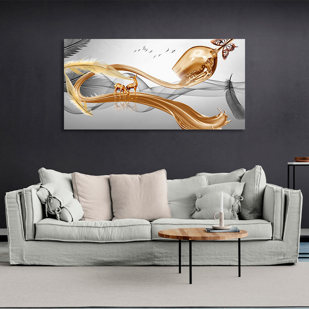 Gold glass gray feathers and two gold deer Abstraction Canvas Wall Art Print