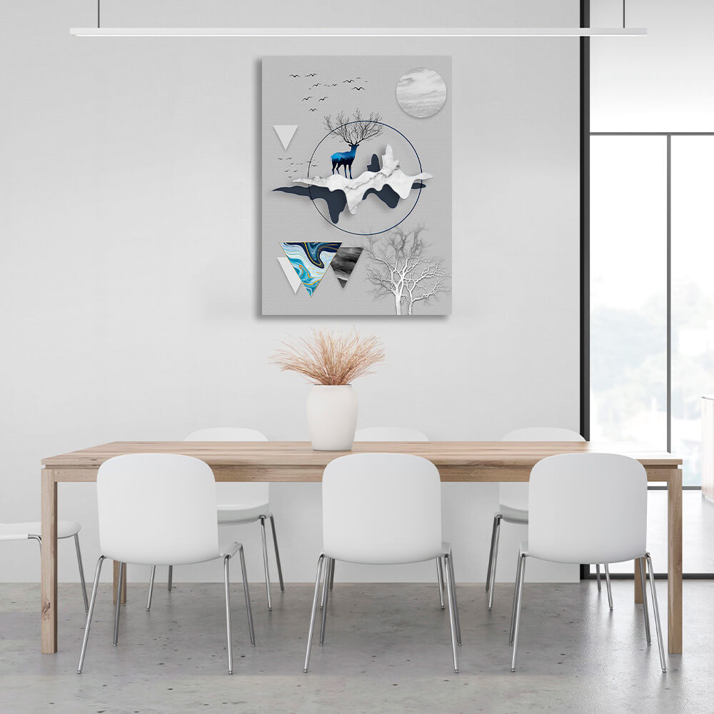 Geometric abstract black and blue deer, gray moon and gray tree Abstraction Canvas Wall Art Print