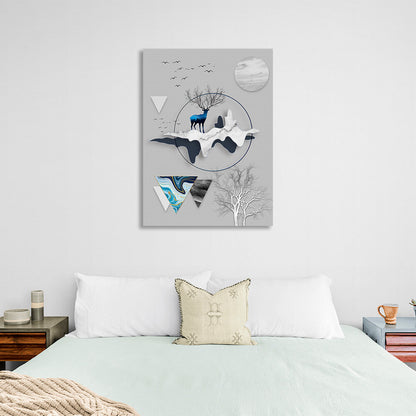 Geometric abstract black and blue deer, gray moon and gray tree Abstraction Canvas Wall Art Print