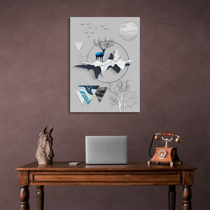 Geometric abstract black and blue deer, gray moon and gray tree Abstraction Canvas Wall Art Print