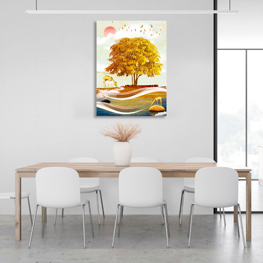 Golden tree with golden deer on a red moon background Canvas Wall Art Print