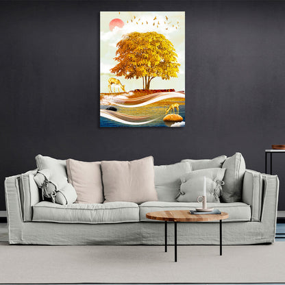 Golden tree with golden deer on a red moon background Canvas Wall Art Print