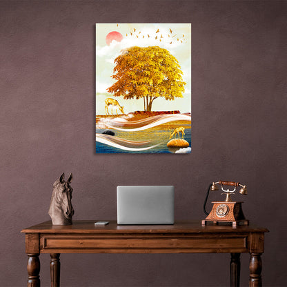 Golden tree with golden deer on a red moon background Canvas Wall Art Print