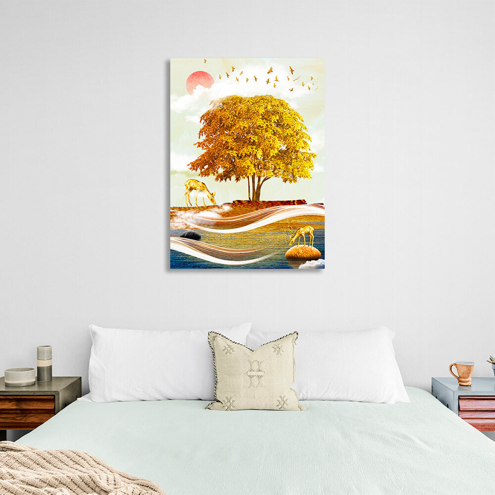 Golden tree with golden deer on a red moon background Canvas Wall Art Print