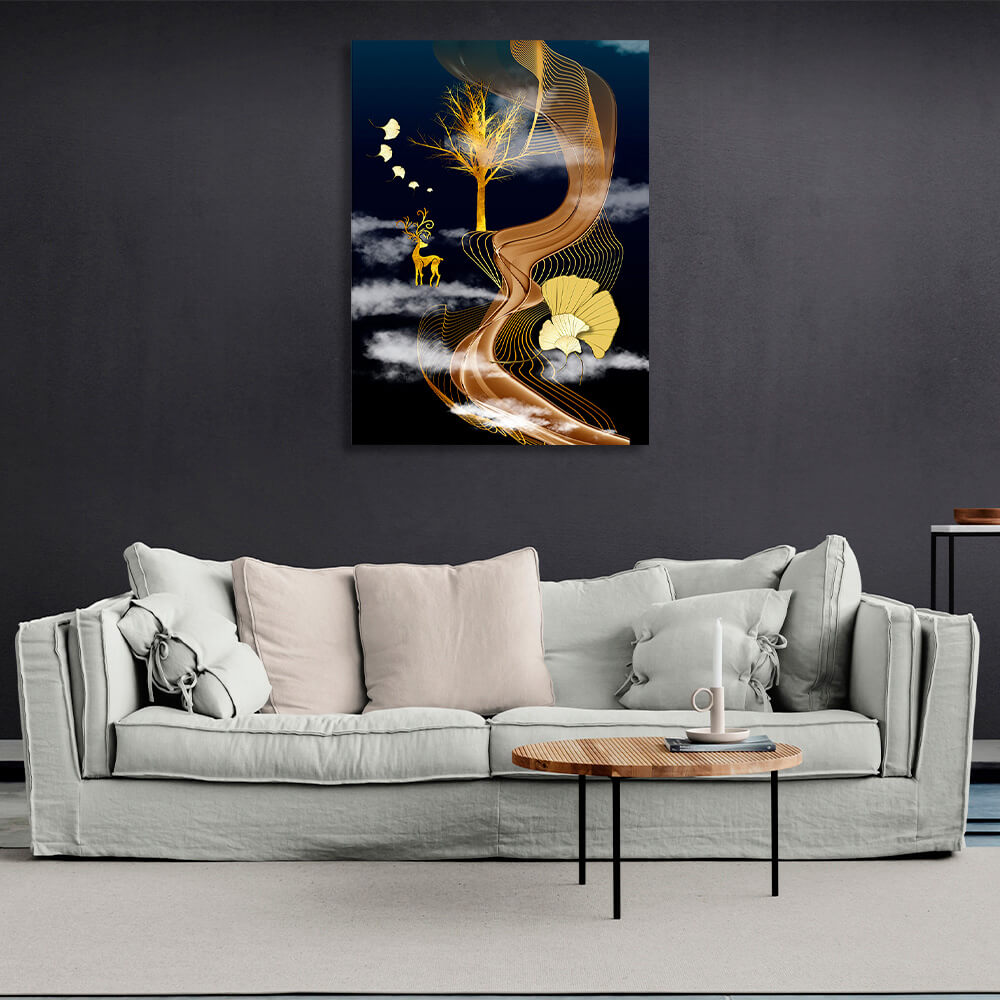 Abstract gold deer and tree on a white cloud Abstraction Canvas Wall Art Print