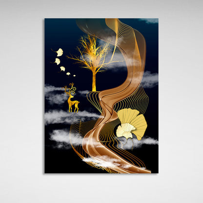 Abstract gold deer and tree on a white cloud Abstraction Canvas Wall Art Print