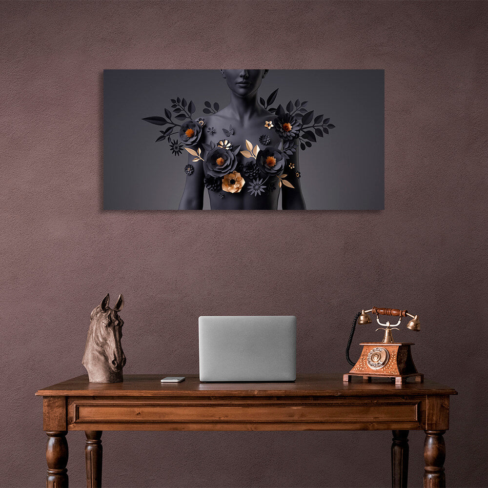 Woman with black and gold flowers on her chest on black background Canvas Wall Art Print