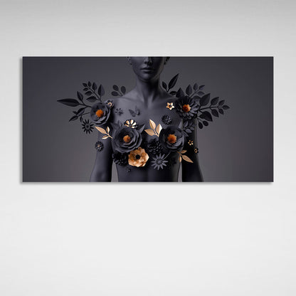 Woman with black and gold flowers on her chest on black background Canvas Wall Art Print